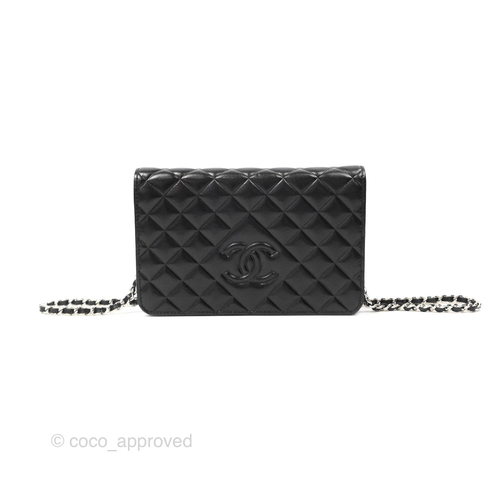 Chanel Diamond CC Wallet On Chain WOC Black Goatskin Silver Hardware