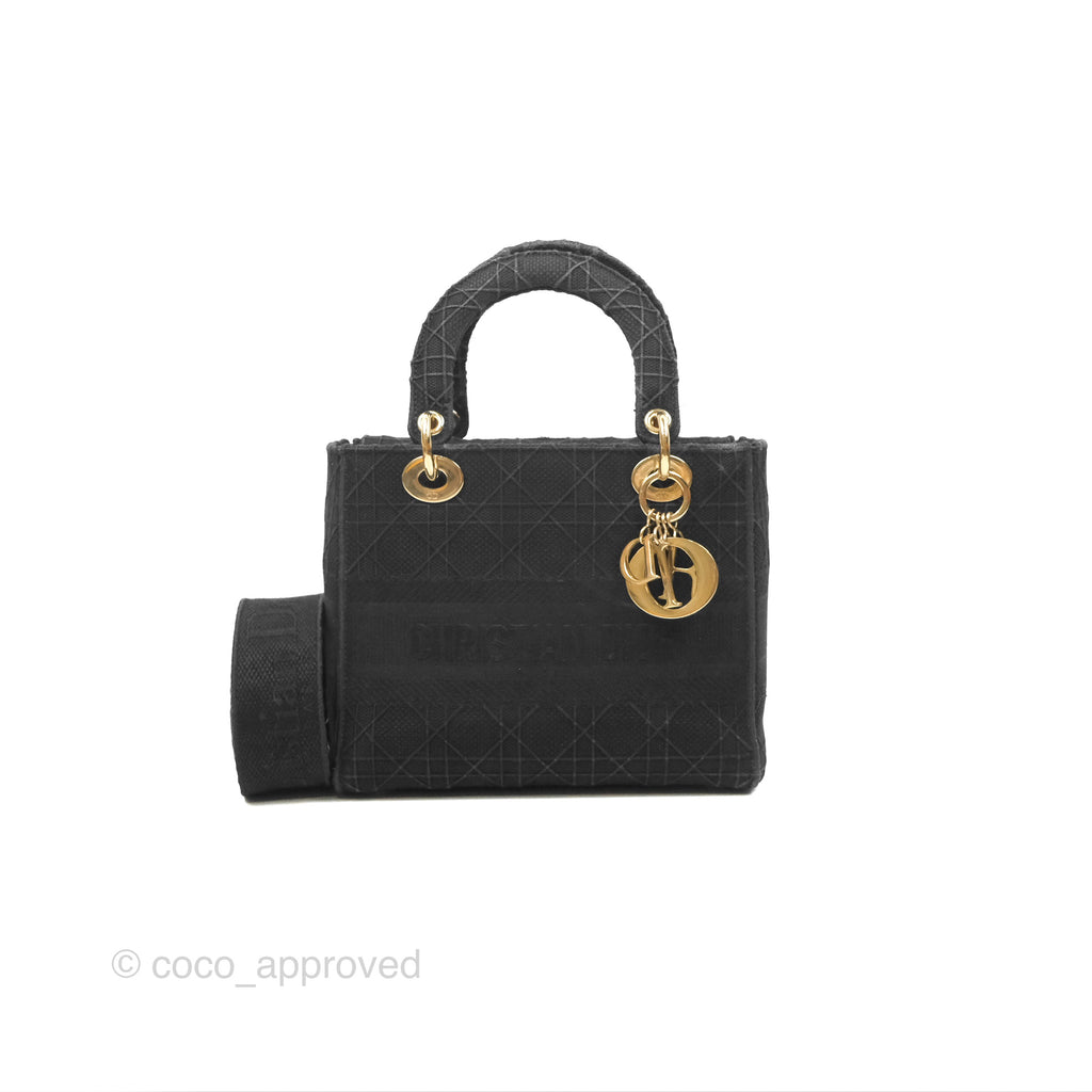 Christian Dior Medium Lady D-Lite Bag Black Cannage Embroidery Gold Hardware