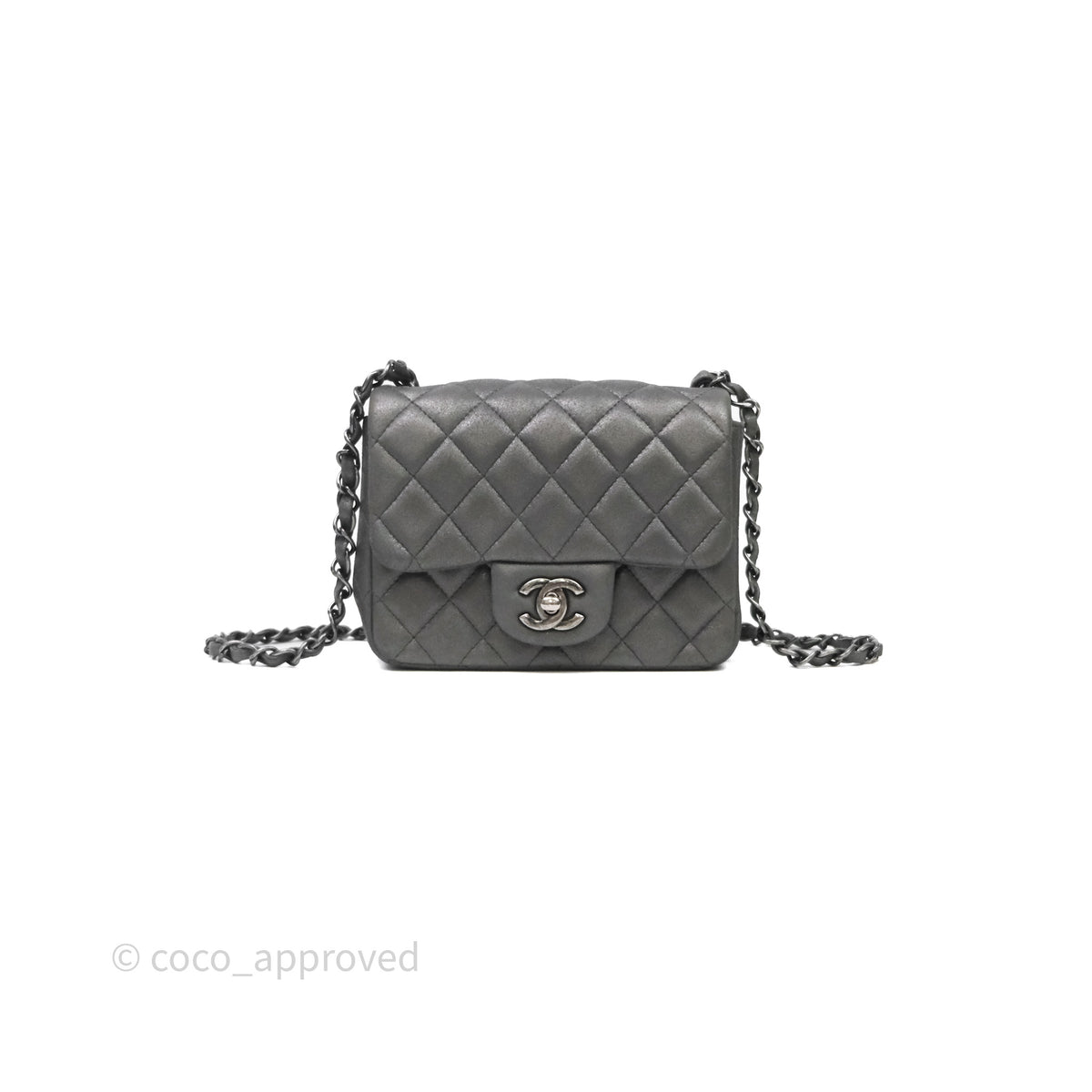 CHANEL グレー イヤーマフ Chanel Mini Square Iridescent Grey Suede Gun Metal Hardware – Coco
