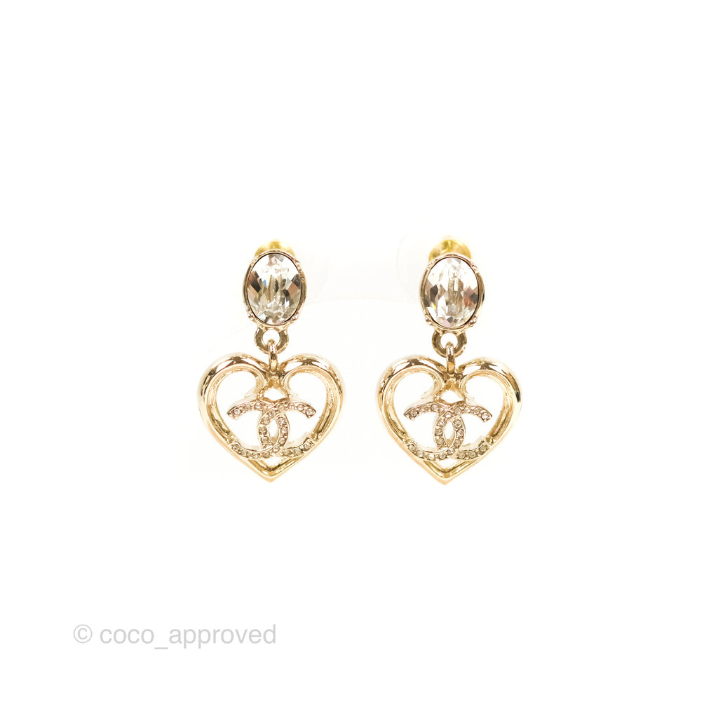 Chanel Crystal CC Heart Drop Earrings Gold Tone 23C