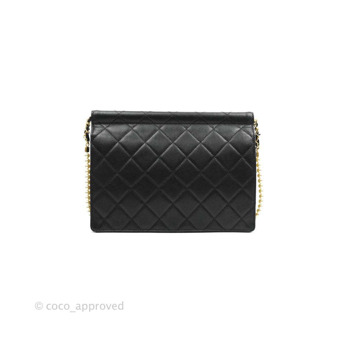 Chanel Large Quilted Pearl Chain Flap Bag Black Lambskin Aged Gold