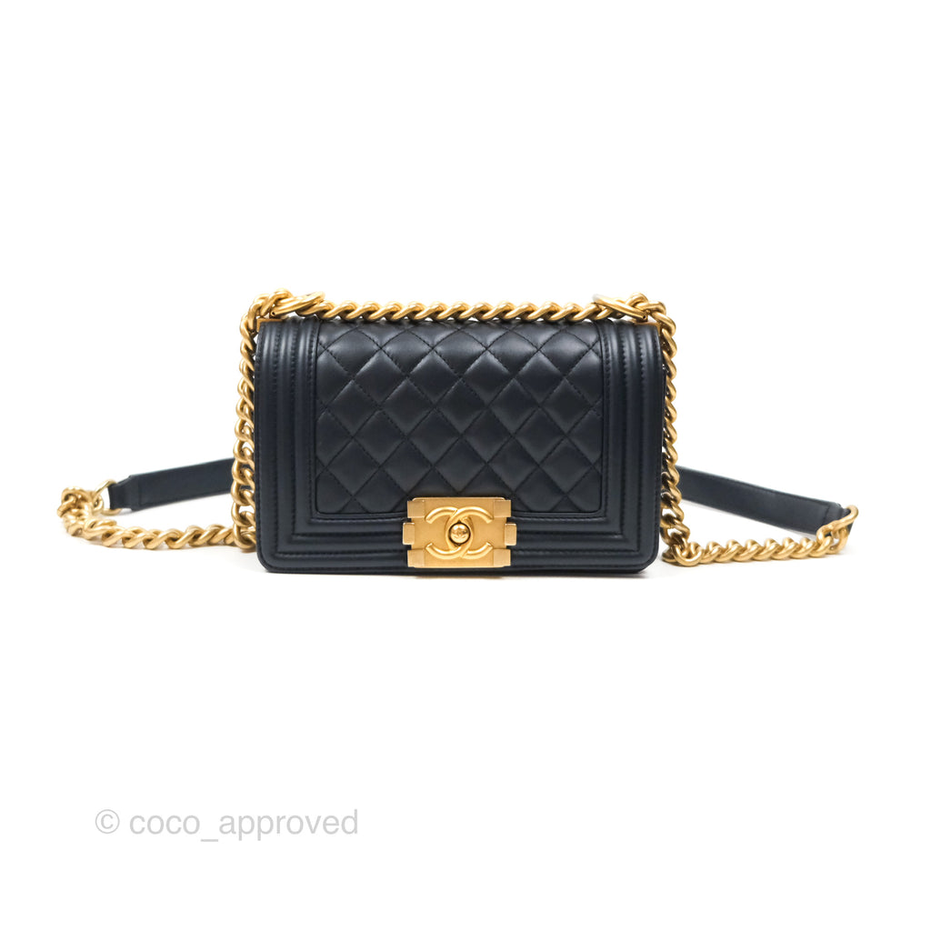 Chanel Small Boy Quilted Navy Lambskin Aged Gold Hardware