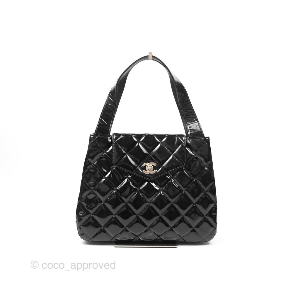 Chanel Vintage Tote Quilted Black Patent Silver Hardware