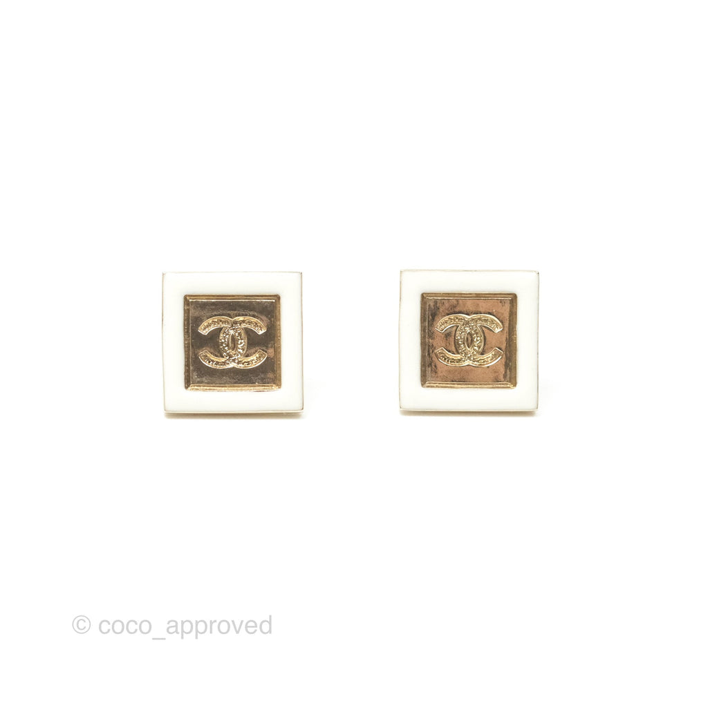 Chanel CC Square Earrings White Gold Tone 24C