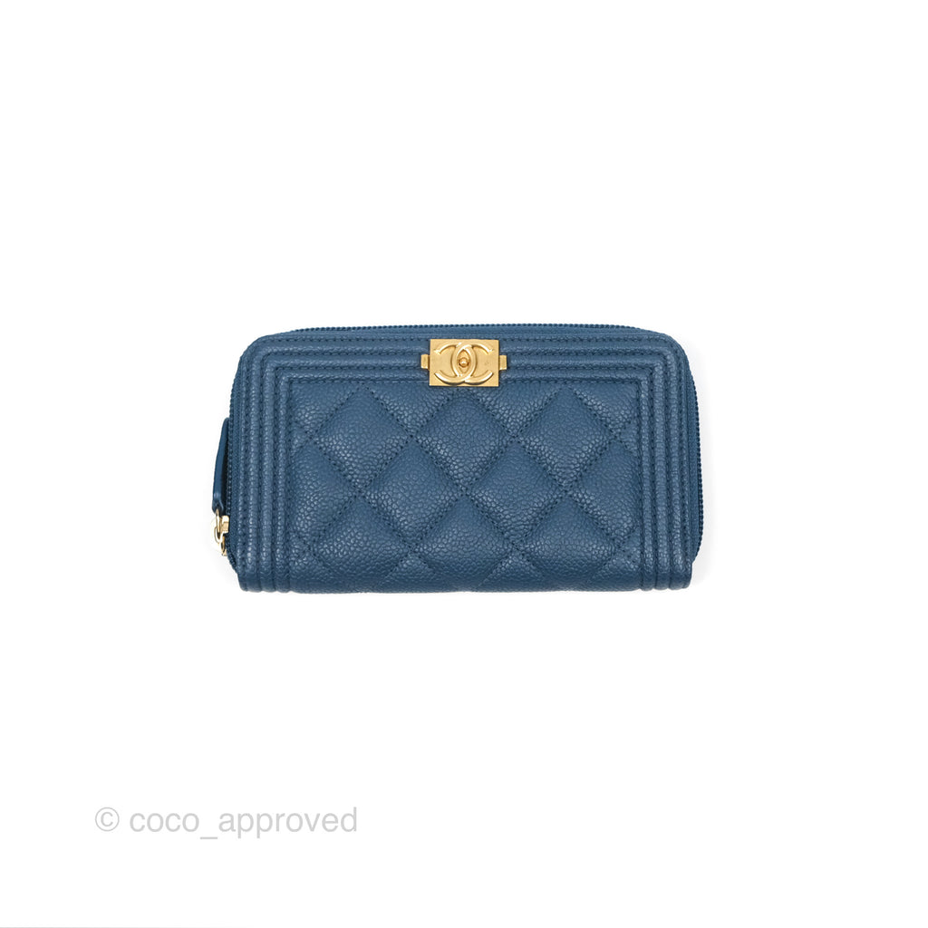 Chanel Quilted Boy Zip Card Holder Blue Caviar Aged Gold Hardware