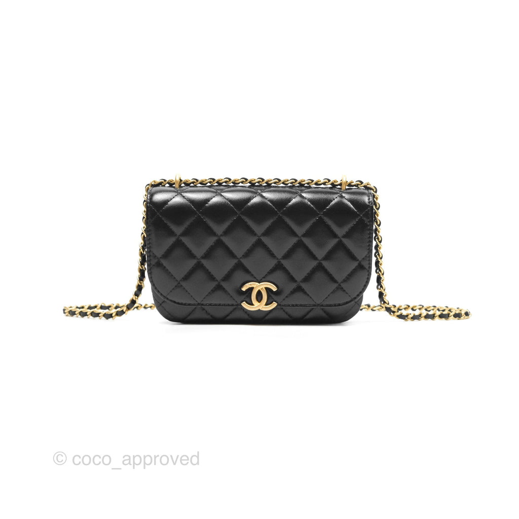 Chanel Flap Phone Holder With Chain Black Shiny Lambskin