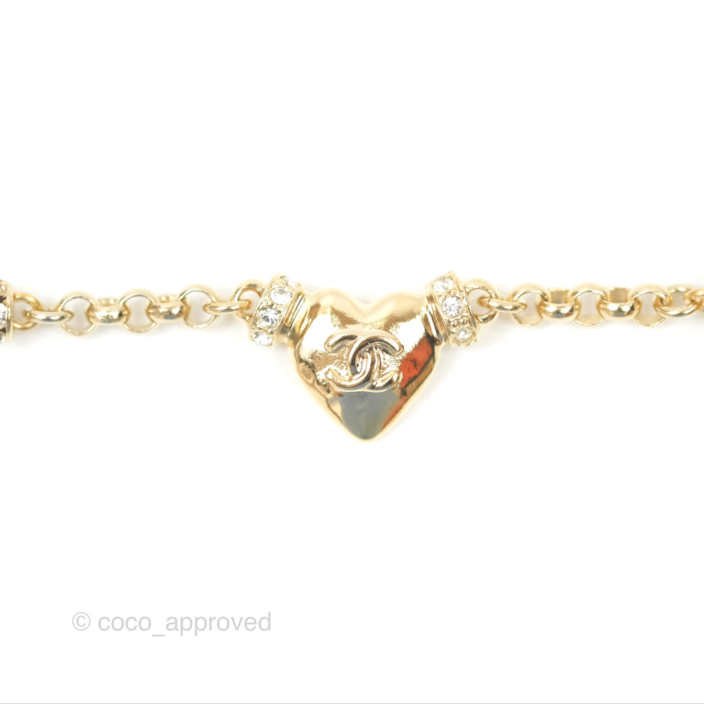 Chanel Crystal Pearl Heart CC Necklace Gold Tone 24P