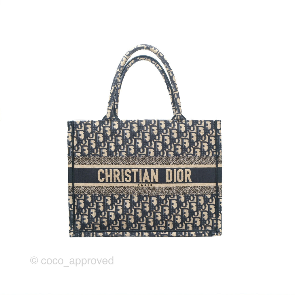 Christian Dior Medium (Old Small) Dior Navy Oblique Embroidery Canvas Book Tote
