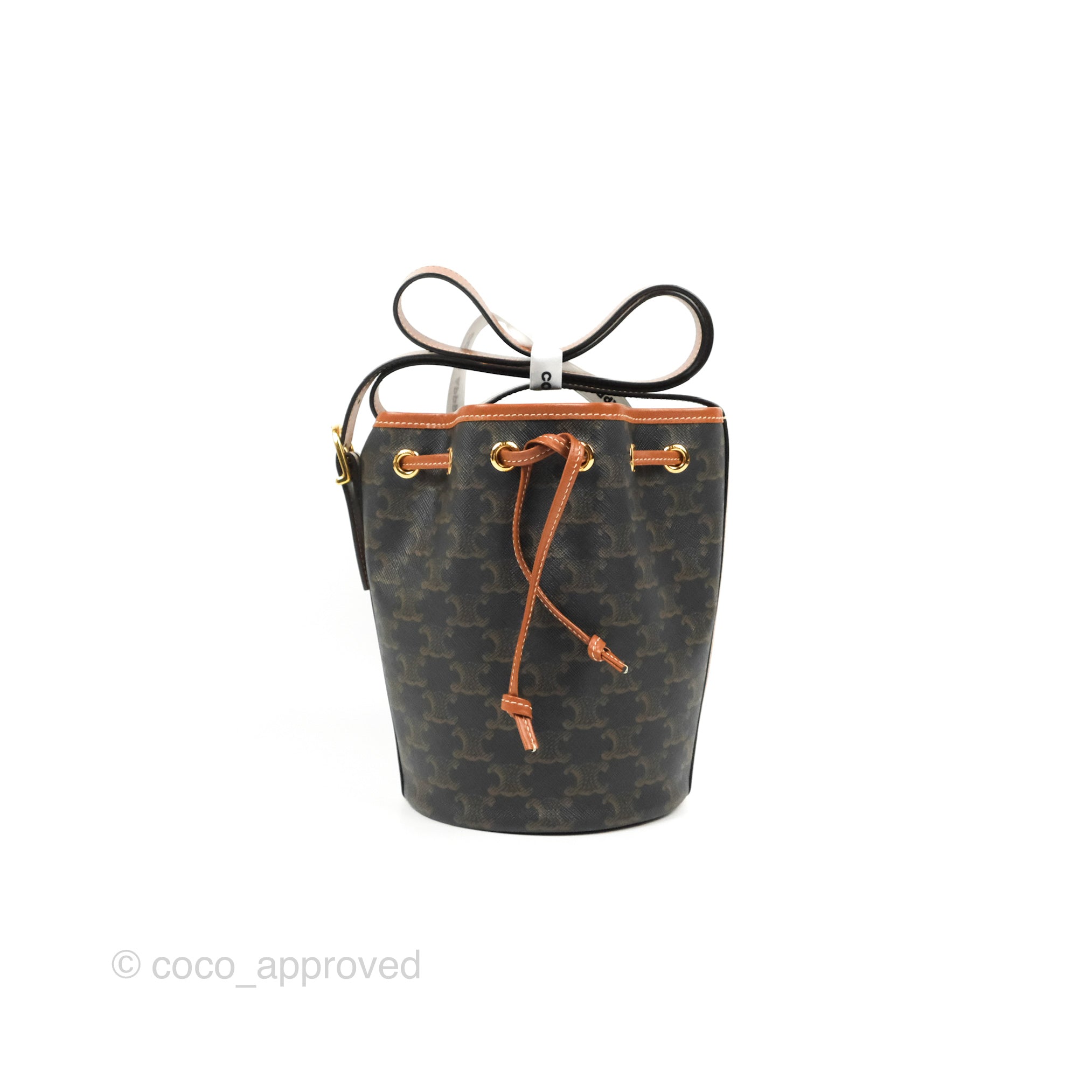 Celine Triomphe Canvas Calfskin Small Drawstring Bucket Bag Tan