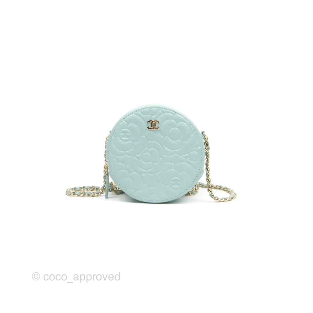 Chanel Camellia Embossed Round Clutch With Chain Light Tiffany Blue Caviar