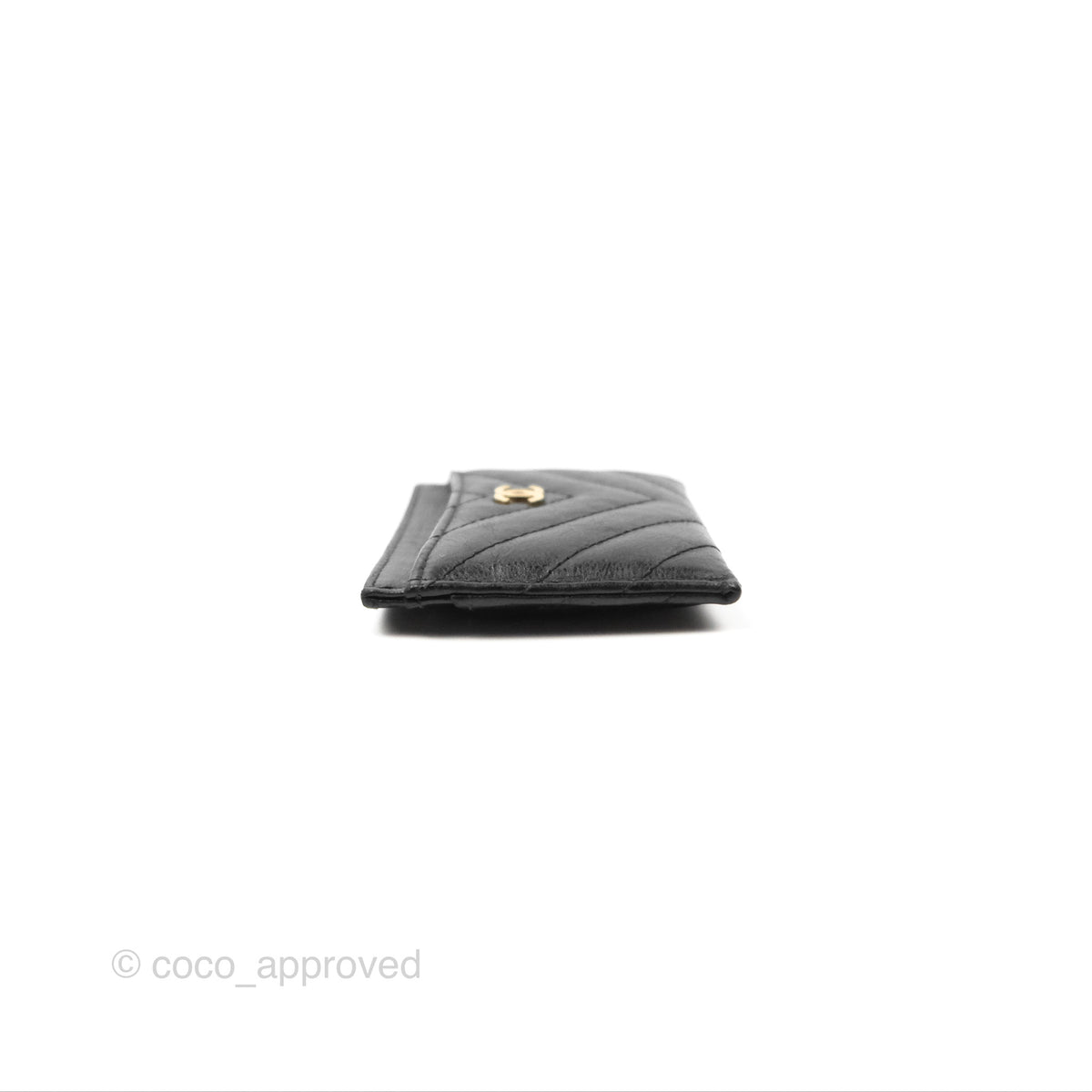 Chanel Classic Flat Card Holder Chevron Black Calfskin Gold Hardware