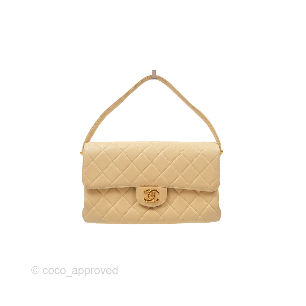 Chanel Vintage Double Faced Flap Bag Quilted Beige Lambskin Gold Hardware