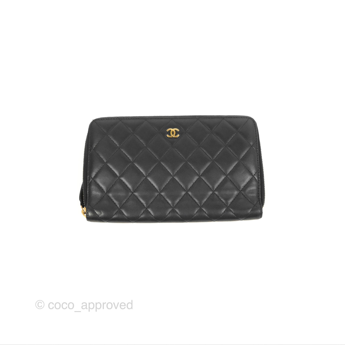 Chanel Classic Quilted Long Zip Wallet Black Lambskin