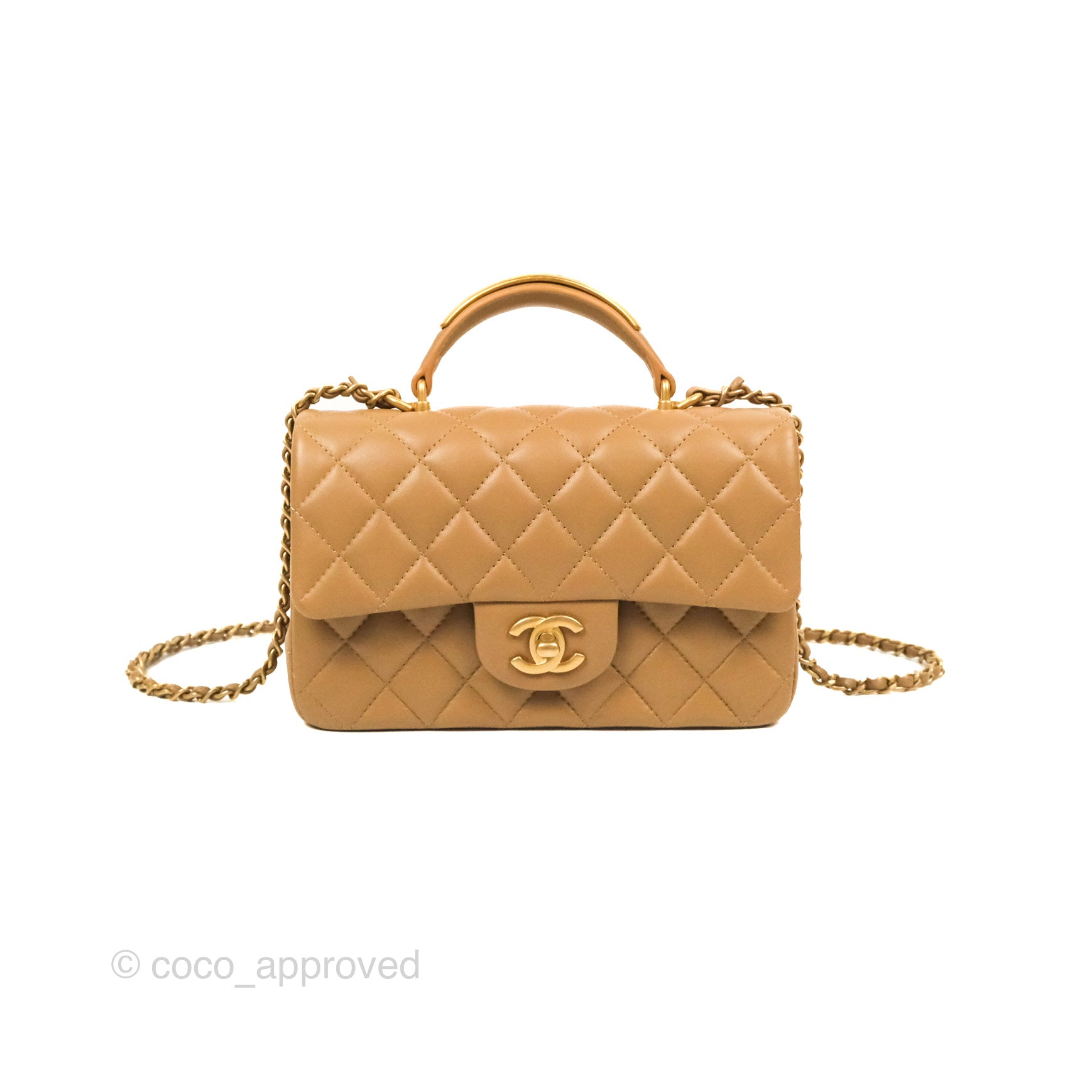Chanel Top Handle Mini Rectangular Flap Bag Beige Lambskin Aged Gold H –  Coco Approved Studio