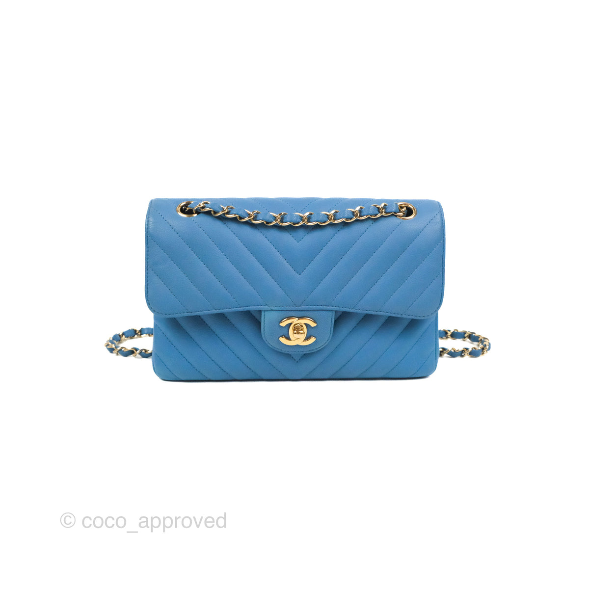 Buy Exclusive Chanel Blue Caviar Chevron Classic Flap Small Light Gold Hardware | Sale | REDELUXE