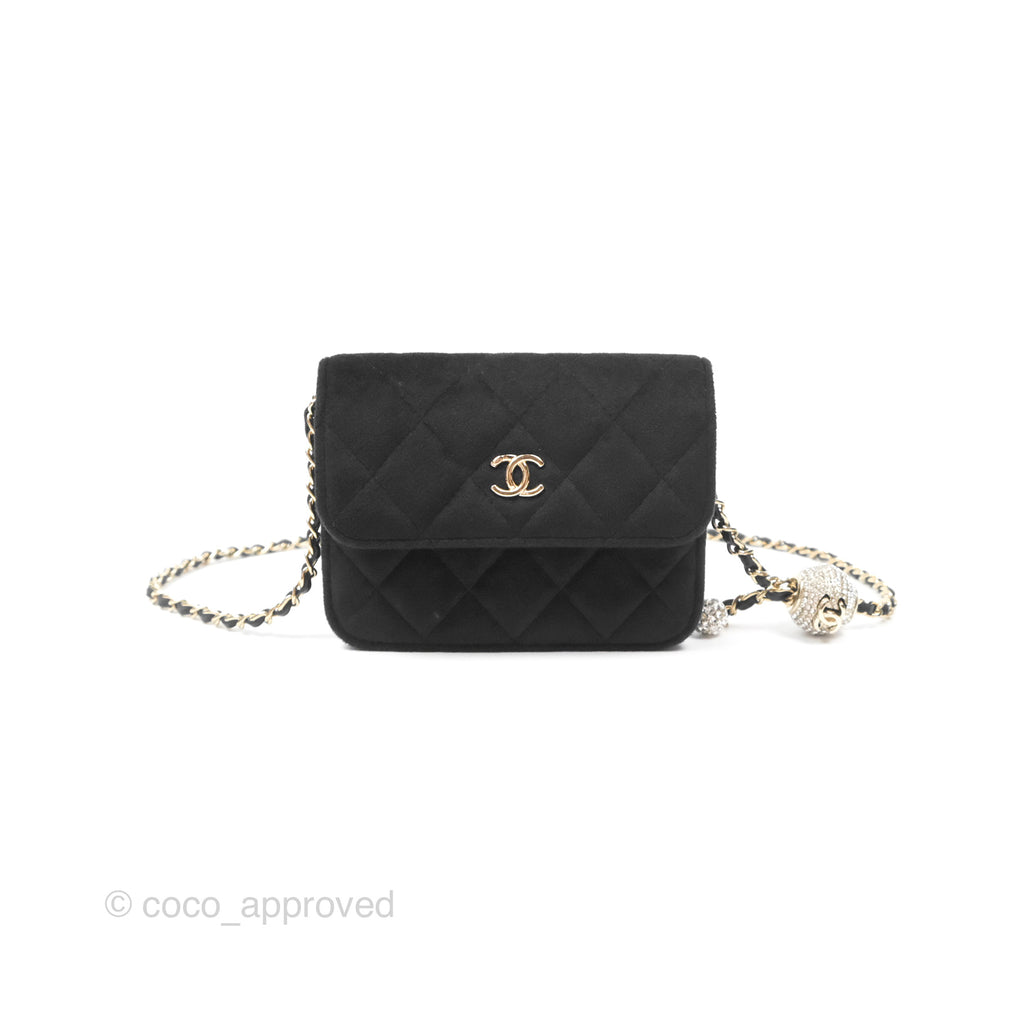 Chanel Crystals Pearl Crush Mini Belt Bag with Chain Black Velvet Gold Hardware