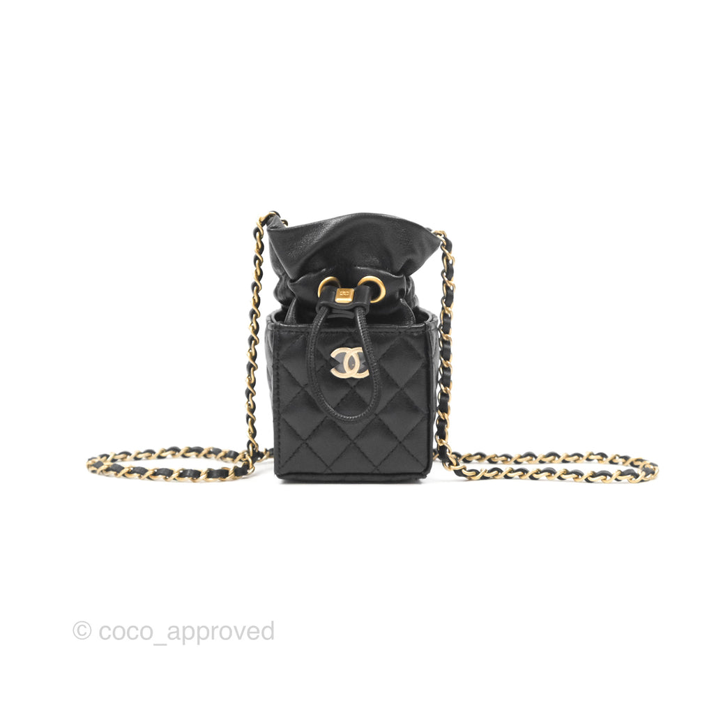 Chanel Mini Drawstring Bucket Bag with Chain Black Calfskin Aged Gold Hardware