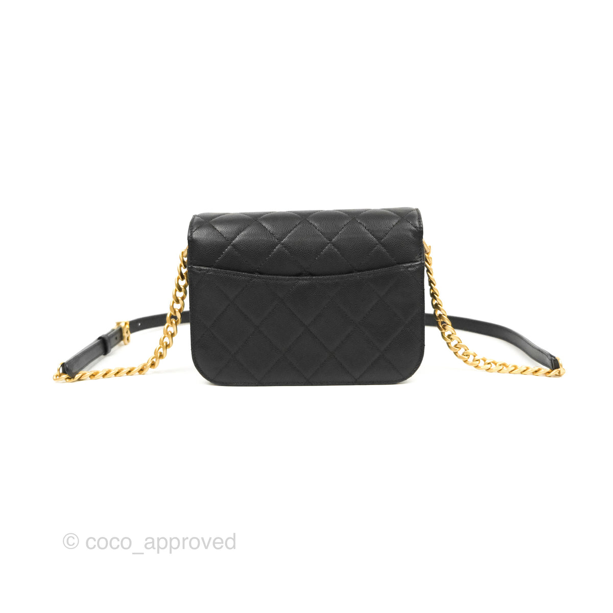 Chanel Mini Messenger Bag Black Caviar Aged Gold Hardware 21K Coco Approved Studio