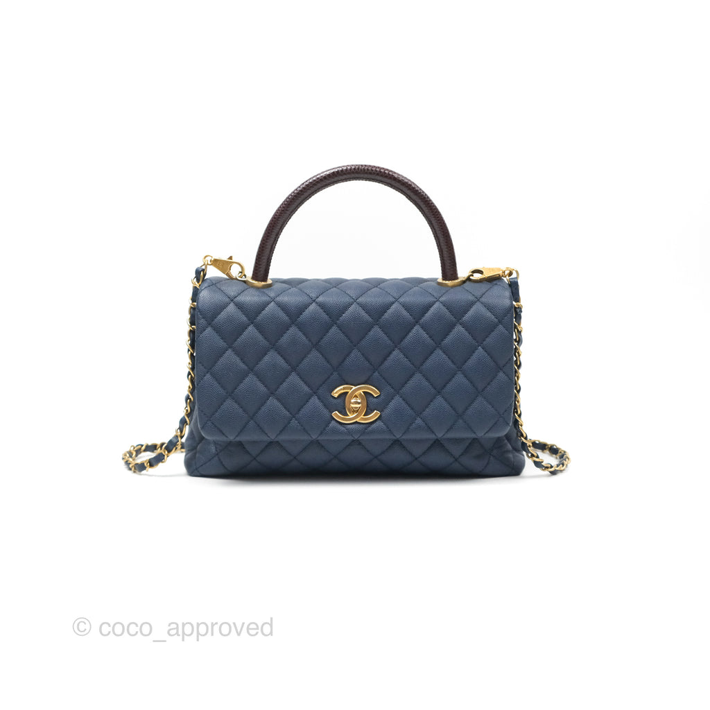 Chanel Medium Coco Handle Quilted Navy Caviar Lizard Handle Aged Gold Hardware