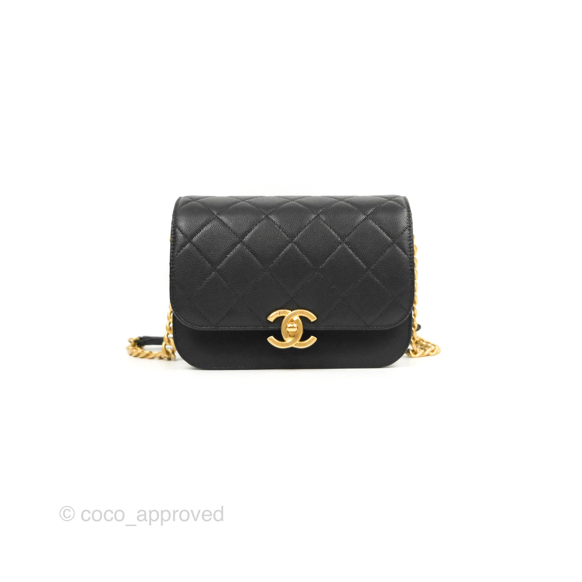 Chanel Mini Messenger Bag Black Caviar Aged Gold Hardware 21K Coco Approved Studio