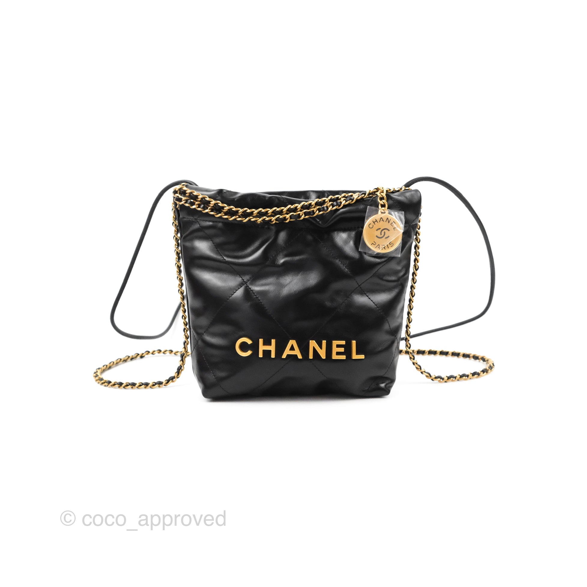CHANEL Shiny Crumpled Calfskin Quilted Pearl Mini Chanel 22 Black 1251621