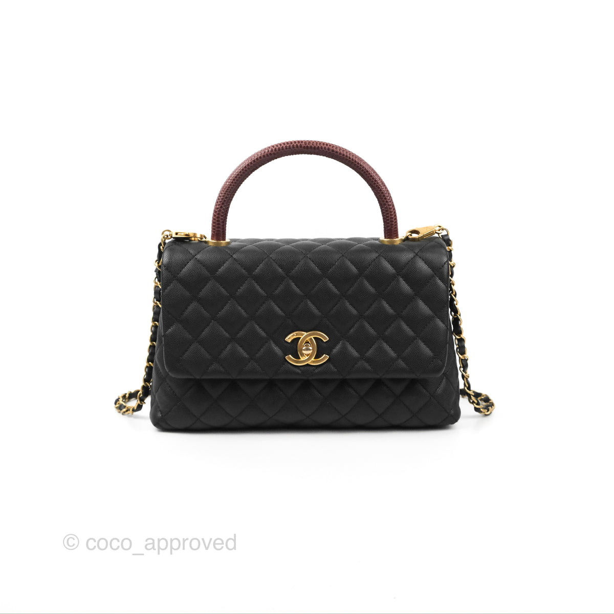 Chanel Medium Coco Handle Quilted Black Caviar Lizard Handle Gold Hard
