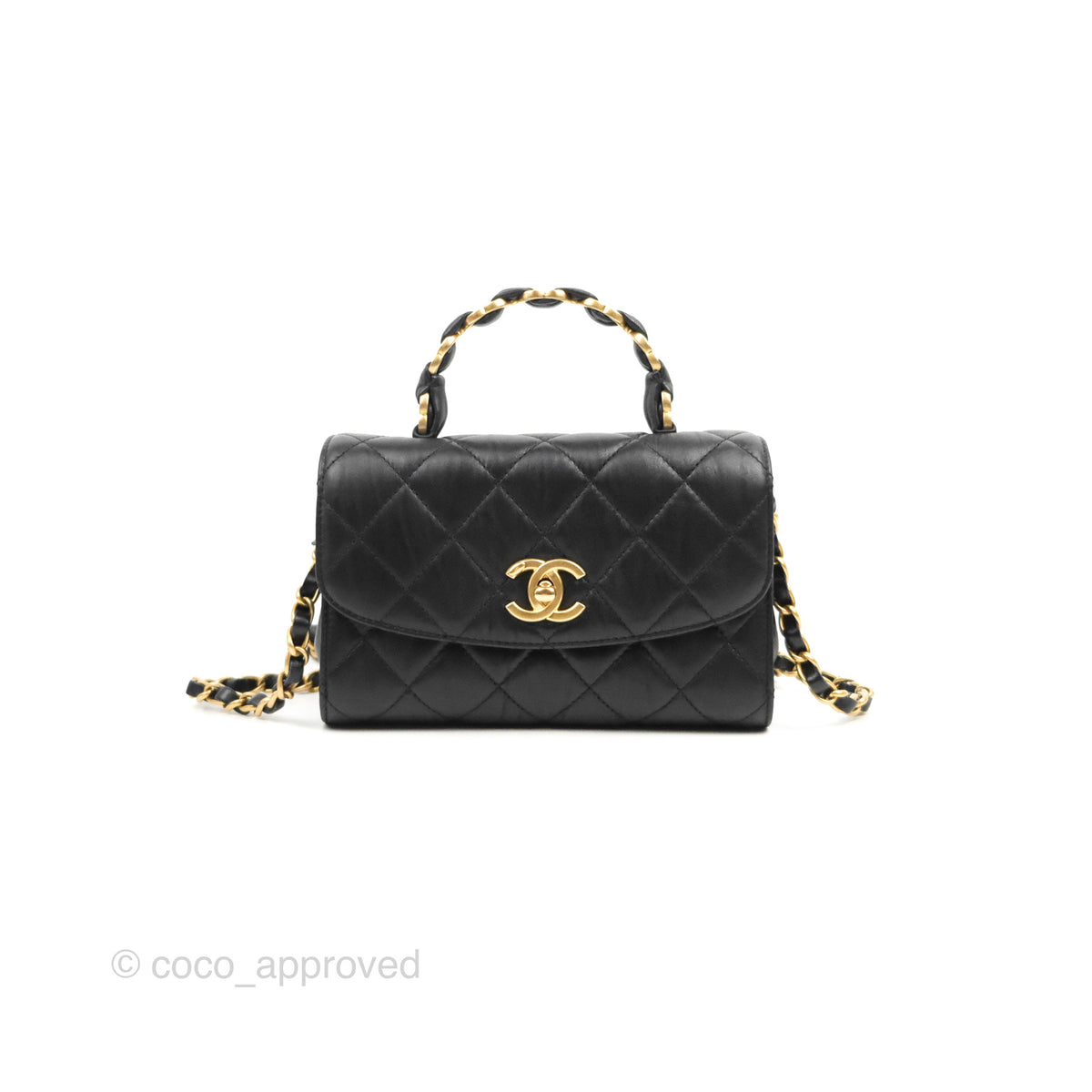 Chanel Mini Flap Bag with Top Handle Black Crumpled Lambskin Aged Gold –  Coco Approved Studio