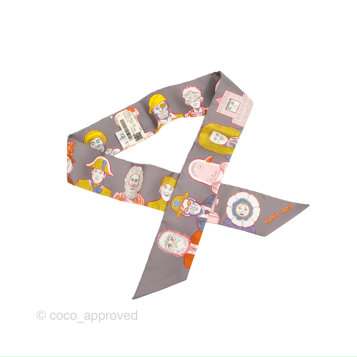 Hermès Dress Code Silk Twilly Gris/Jaune Vif/Orange Coco Approved Studio