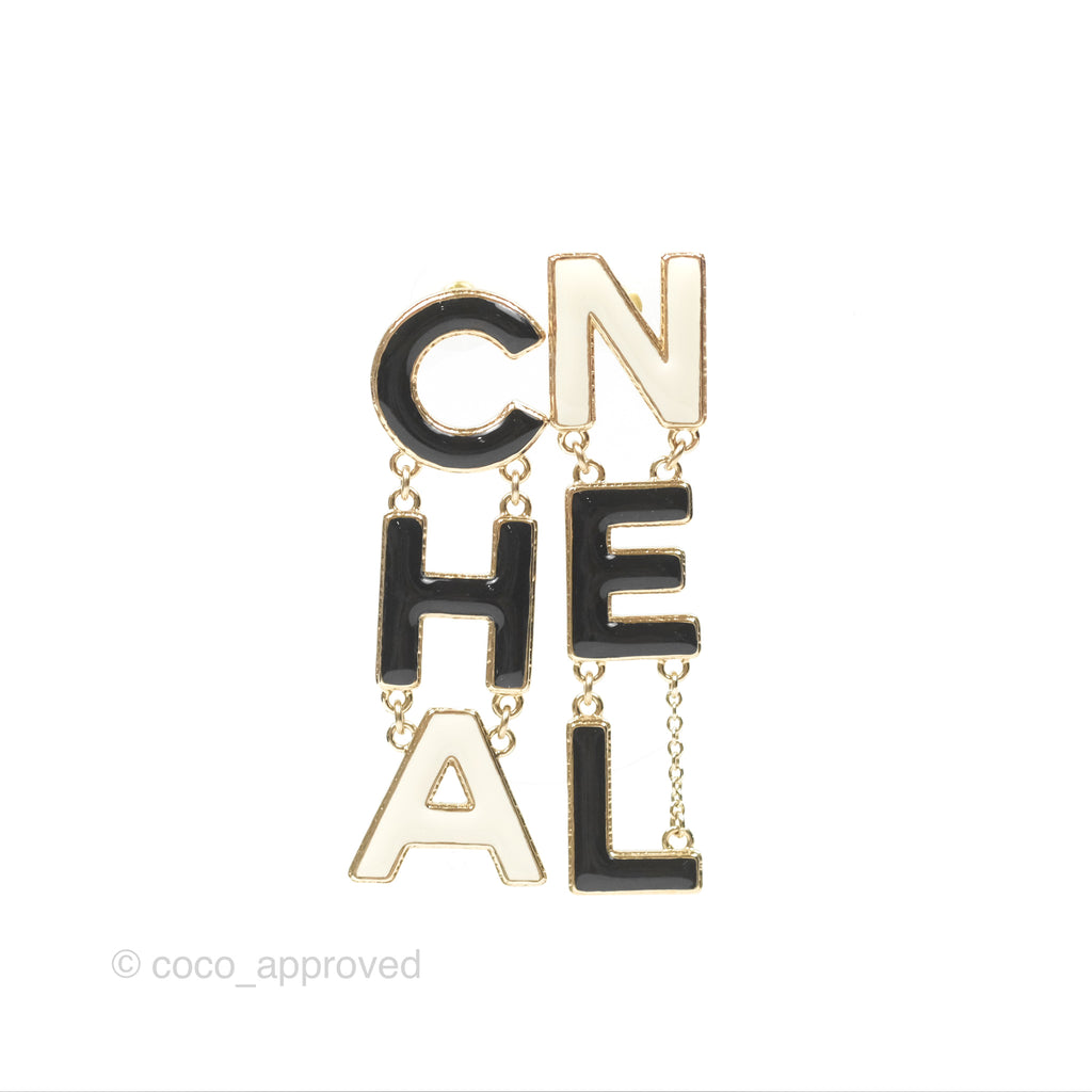 Chanel Cha-Nel Logo Black/White Drop Earrings Gold Tone 22A