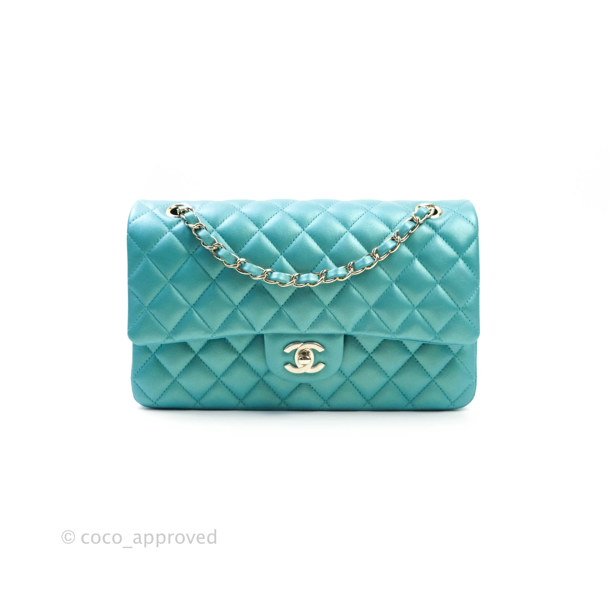 Chanel Medium Teal Turquoise Quilted Caviar Calf Skin Gold Tone