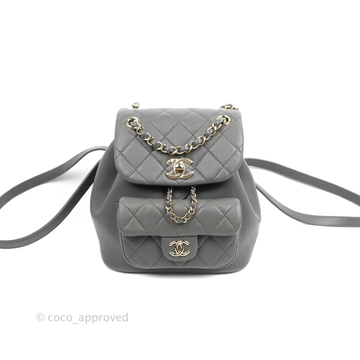 Chanel Quilted Small Duma Drawstring Backpack Grey Lambskin Coco Approved Studio