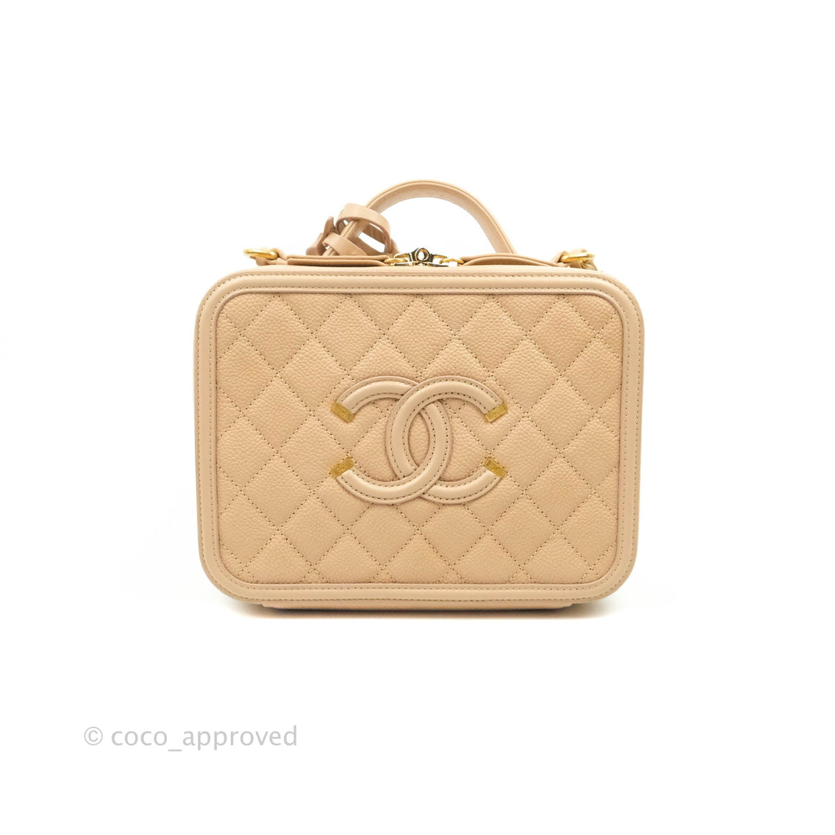 Chanel Quilted Medium CC Filigree Vanity Case Beige Caviar Gold Hardwa –  Coco Approved Studio