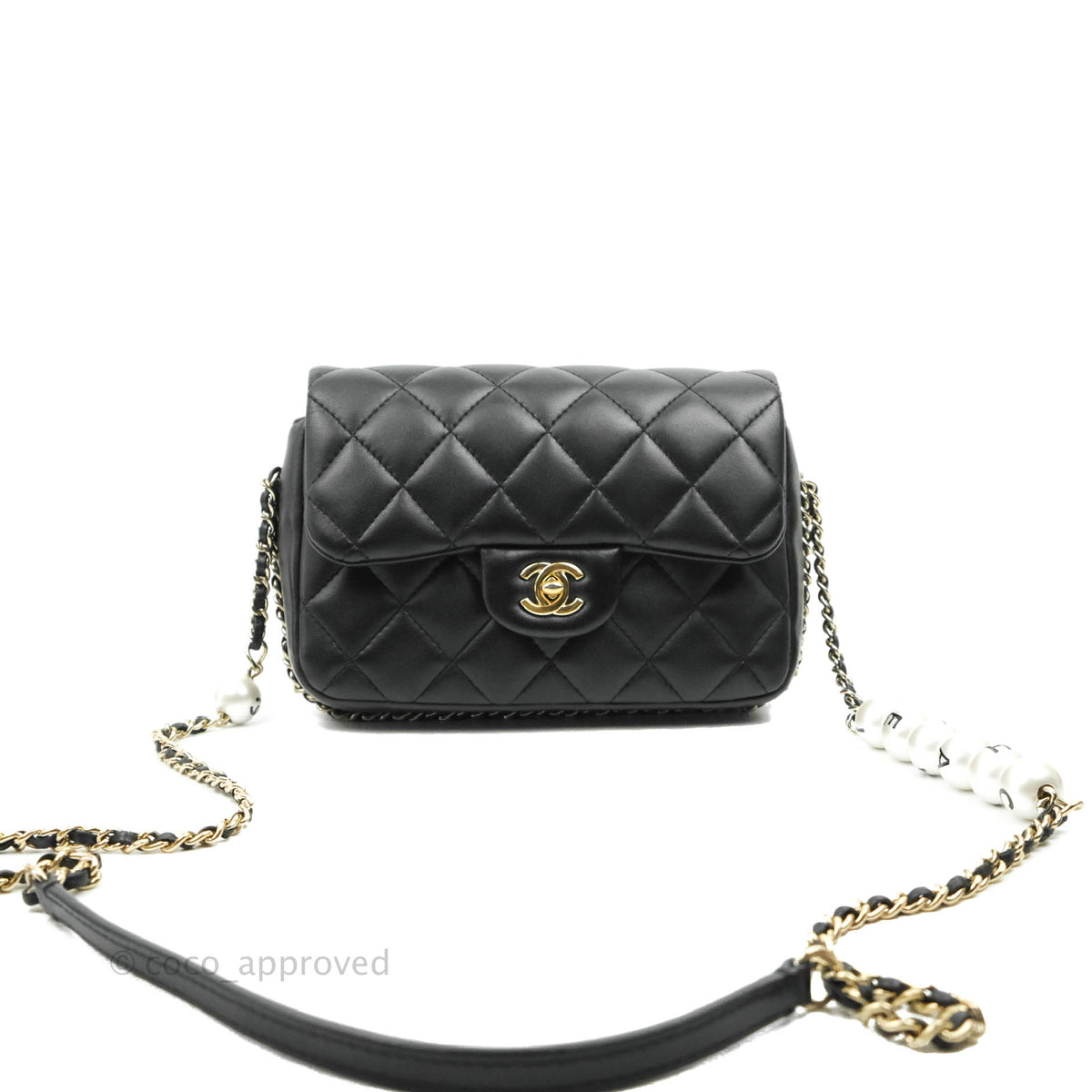 Chanel Logo Pearl Chain Flap Bag Black Lambskin Gold – Coco Approved