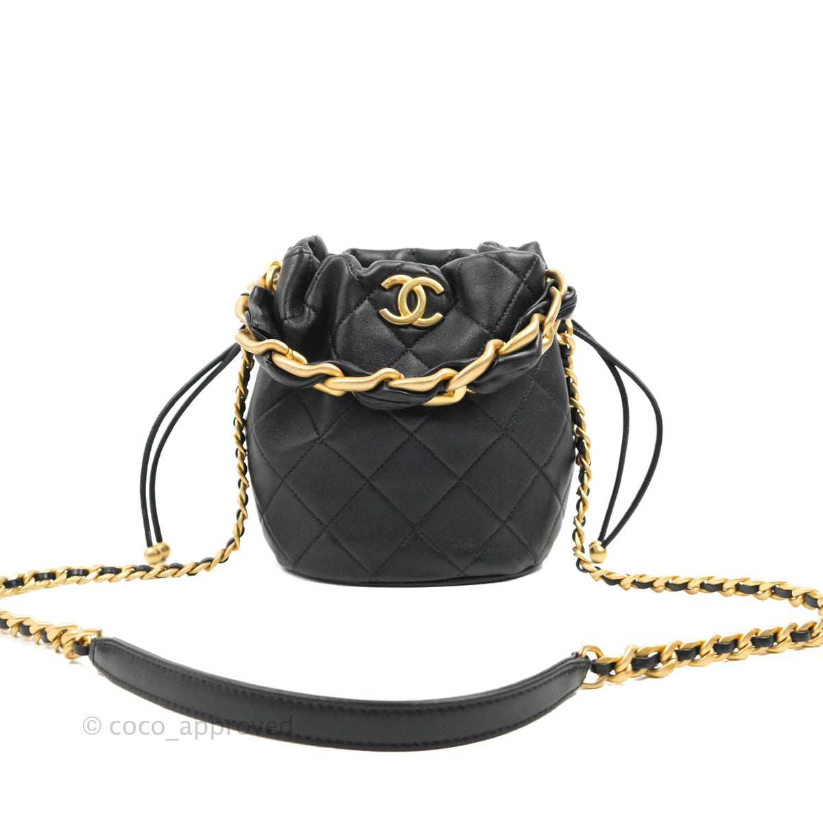 Chanel Pearl Crush Bucket Bag Black Lambskin Aged Gold Hardware 22S – Coco  Approved Studio