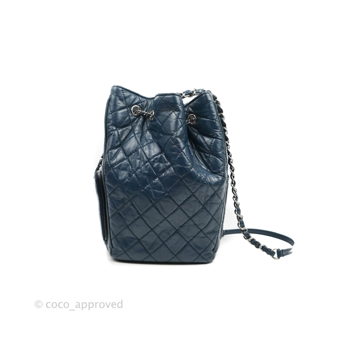 Chanel Drawstring Bucket Bag Dark Blue Aged Calfskin Silver Hardware