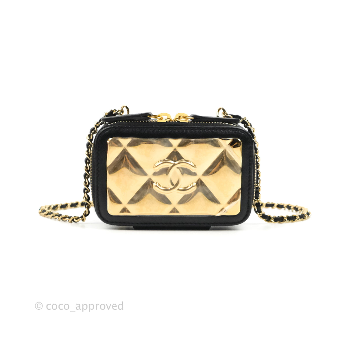 Chanel Quilted Golden Plate Vanity Case Black Lambskin Gold Hardware – Coco  Approved Studio