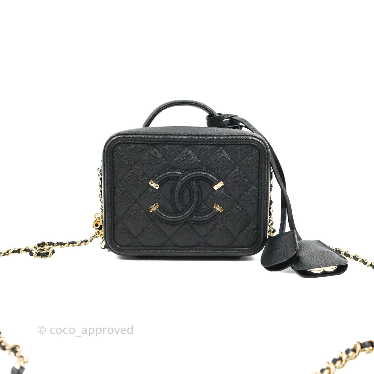 Chanel Quilted Small CC Filigree Vanity Case Black Caviar Gold Hardwar