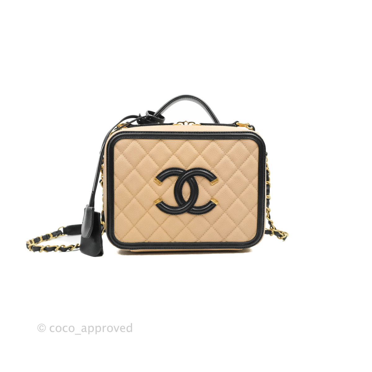 Chanel Caviar Quilted Striped Medium CC Filigree Vanity Case Black Whi –  Coco Approved Studio