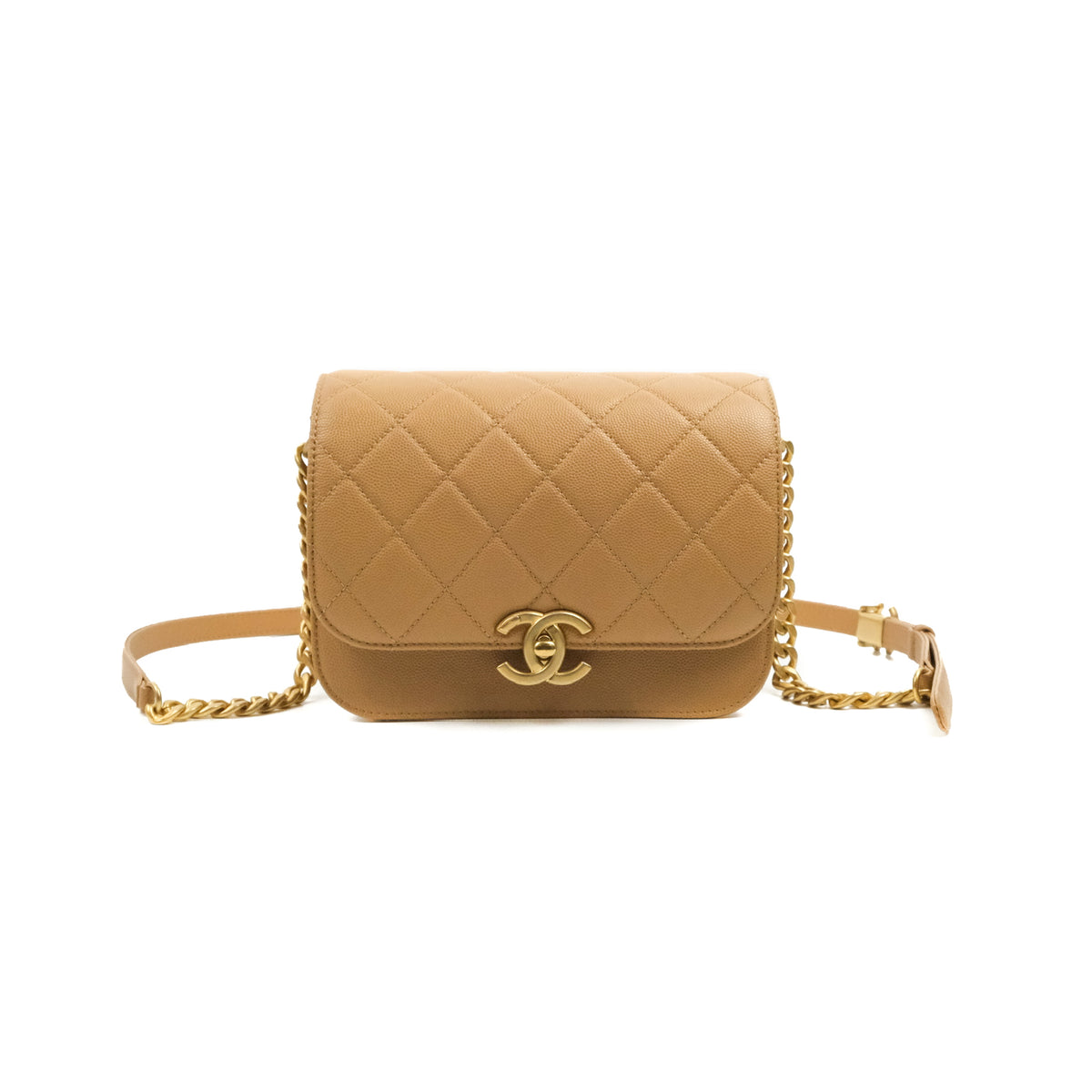 Chanel Mini Messenger Bag Beige Caviar Gold Hardware 21K Coco Approved Studio