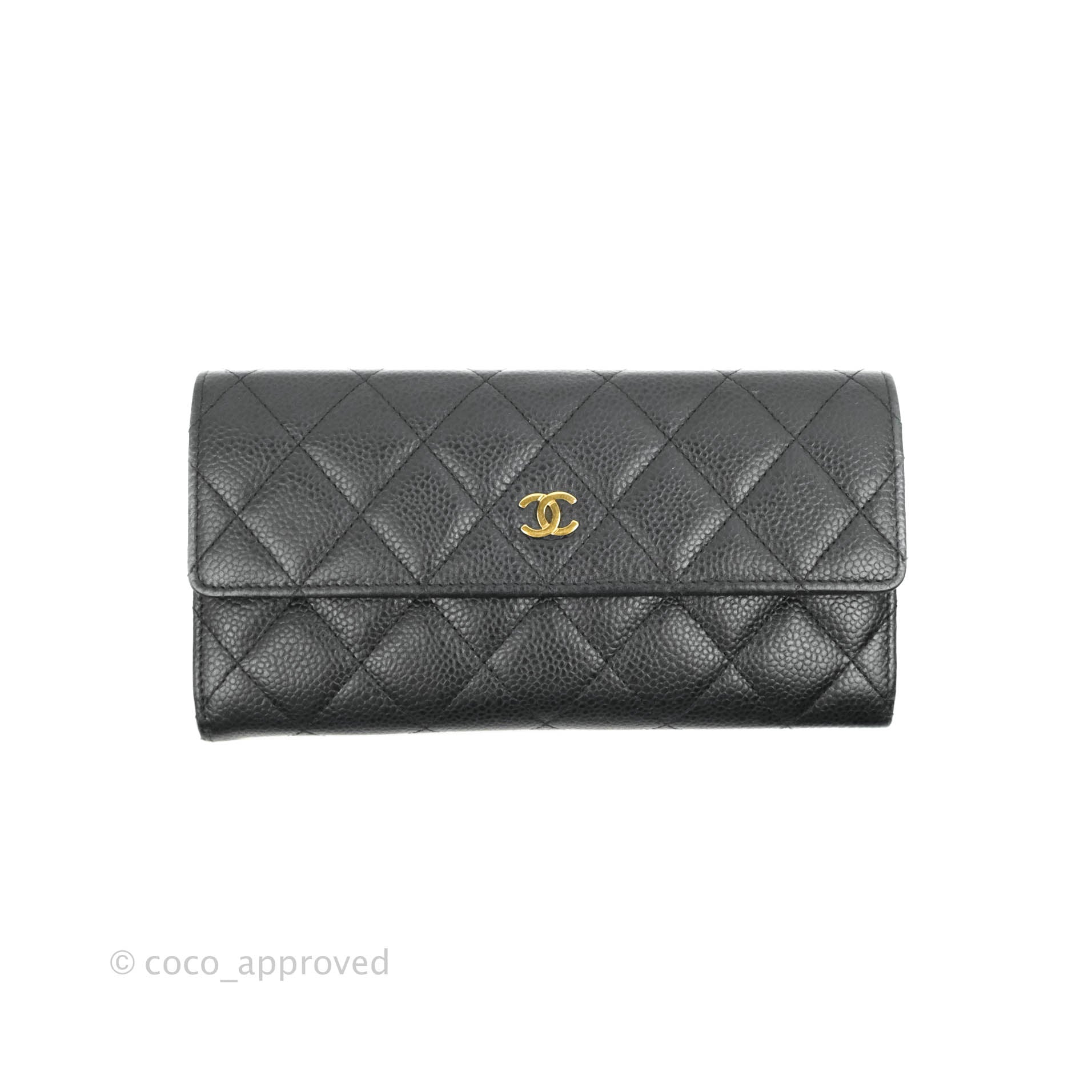 Black Quilted Caviar Long Flap Wallet