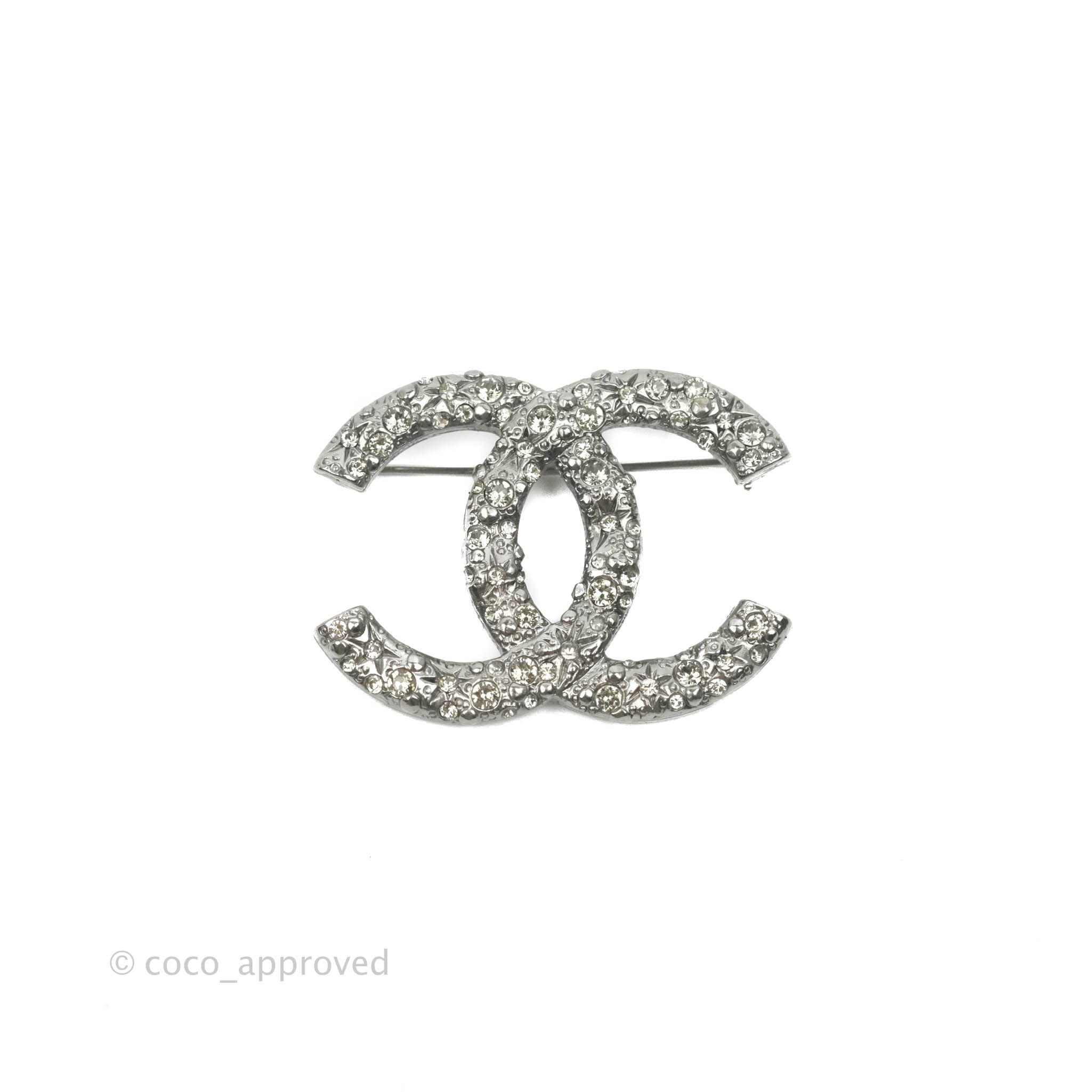 Chanel CC Crystal Brooch Silver Tone Coco Approved Studio