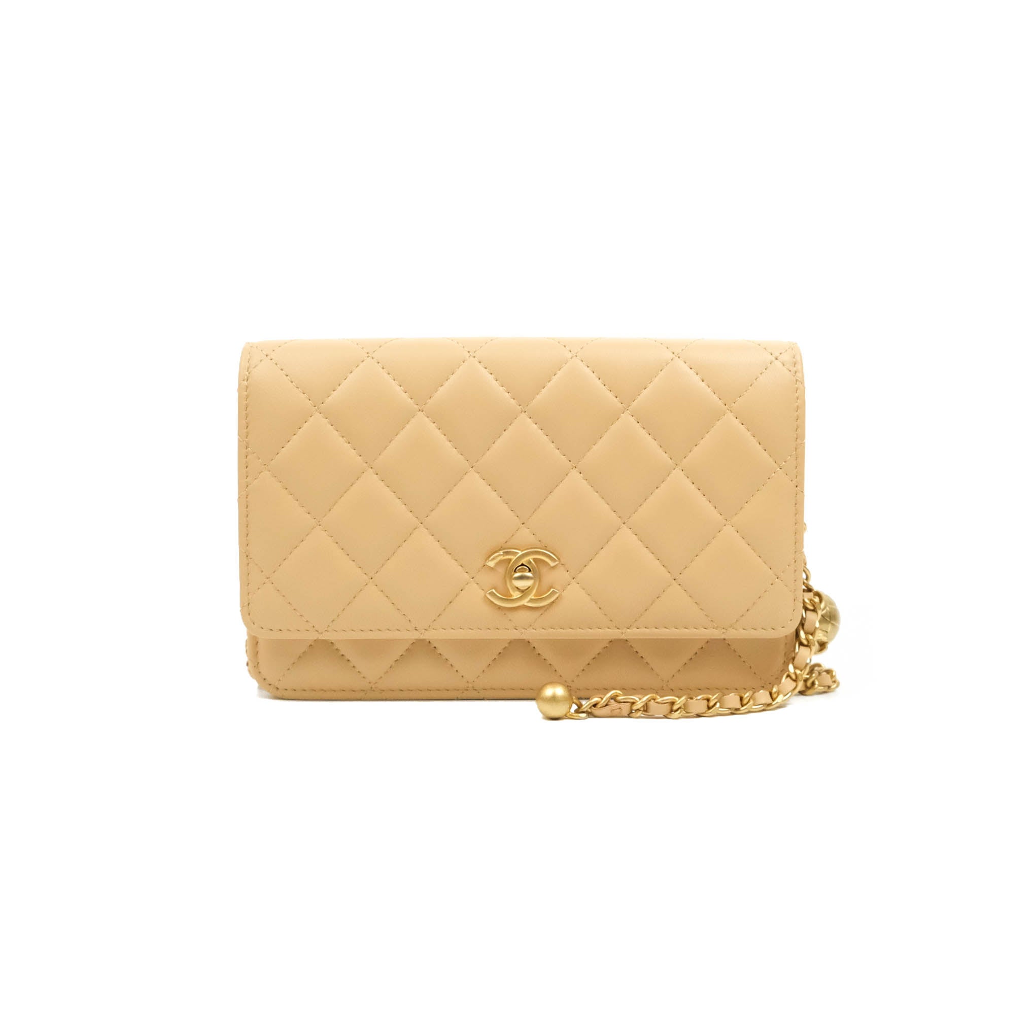 Chanel Quilted Pearl Crush Wallet on Chain WOC Beige Lambskin Aged