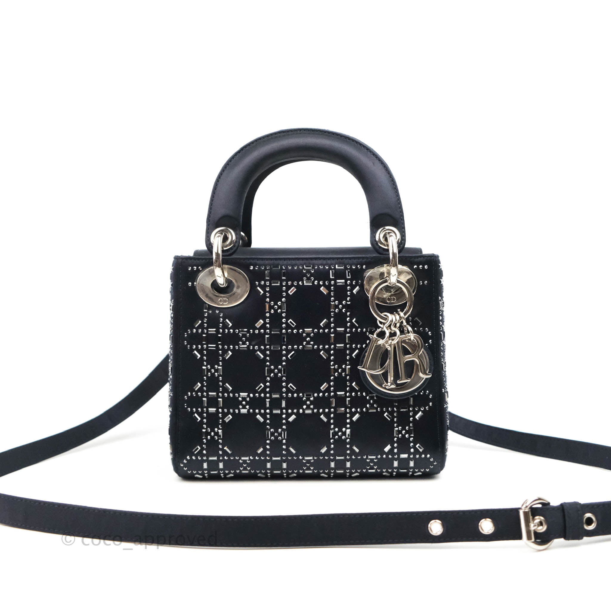 Christian Dior Mini Lady Dior Bag Black Strass Cannage Satin Silver Hardware