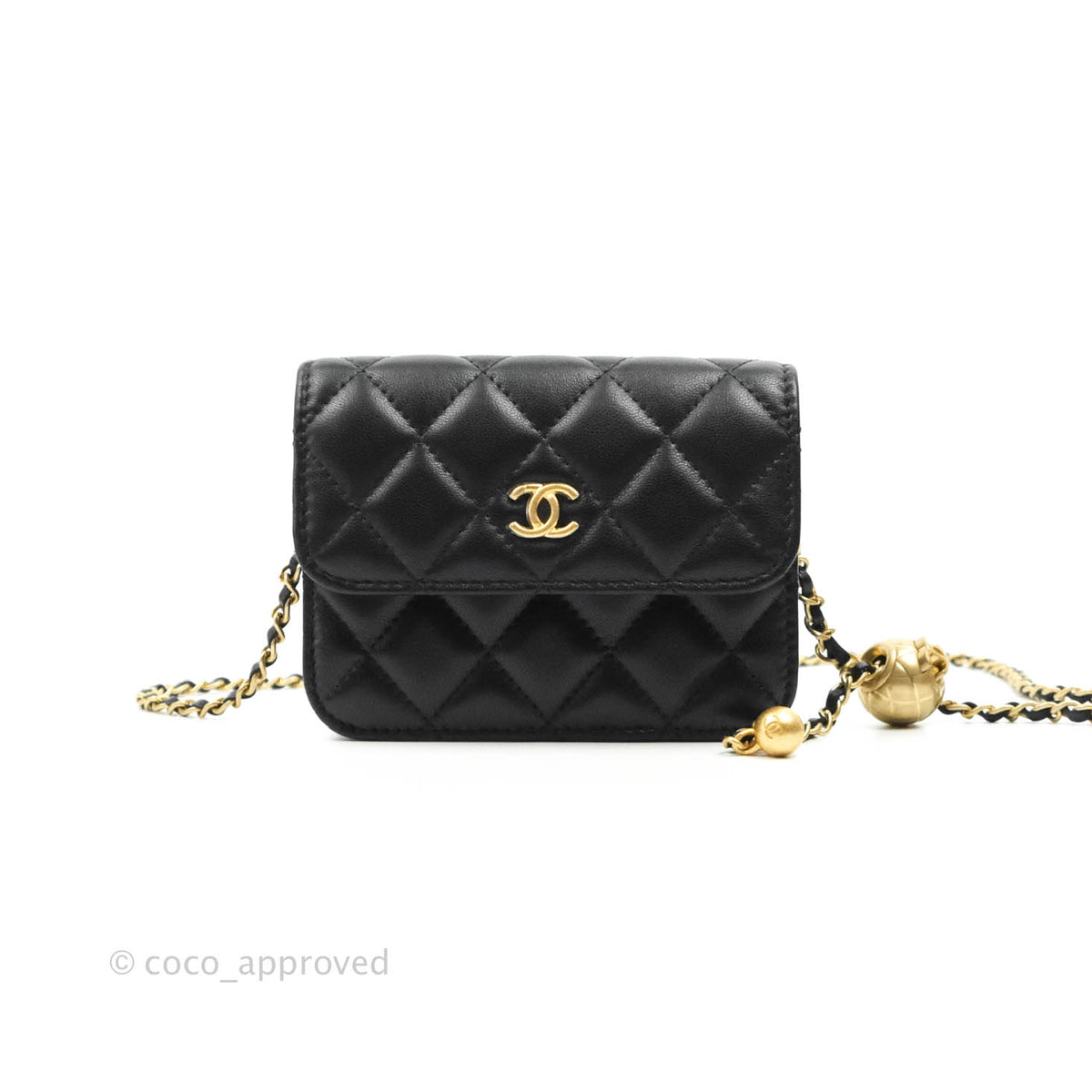 CHANEL Lambskin Quilted Pearl Crush Card Holder With Chain Black 1286653