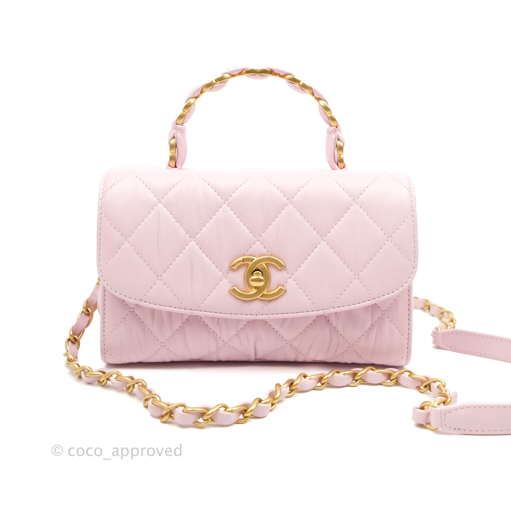 Chanel Mini Flap Bag with Top Handle Pink Crumpled Lambskin Aged
