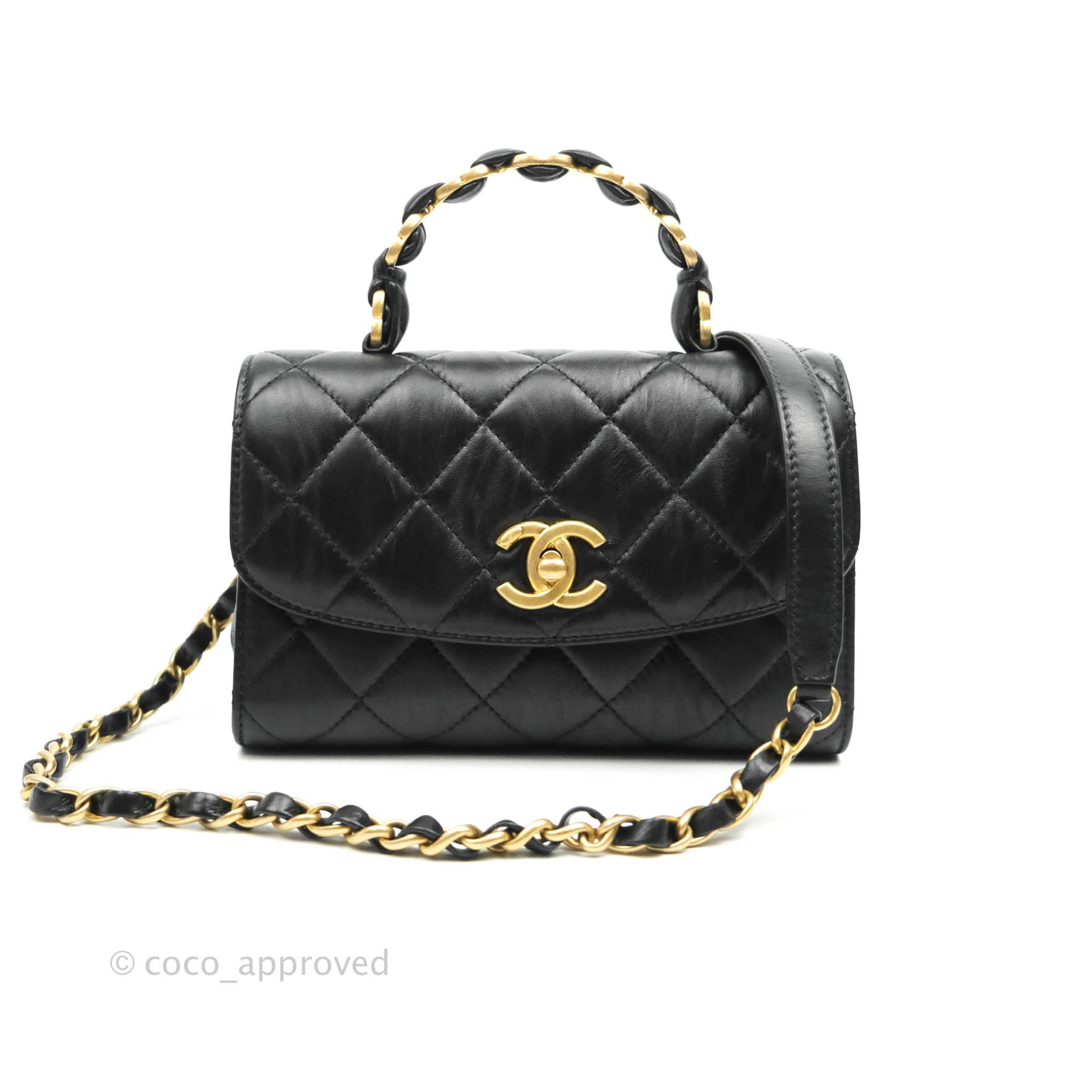 Chanel 23A Black Shiny Lambskin Top Handle Small Flap Bag with Gold  Hardware. 