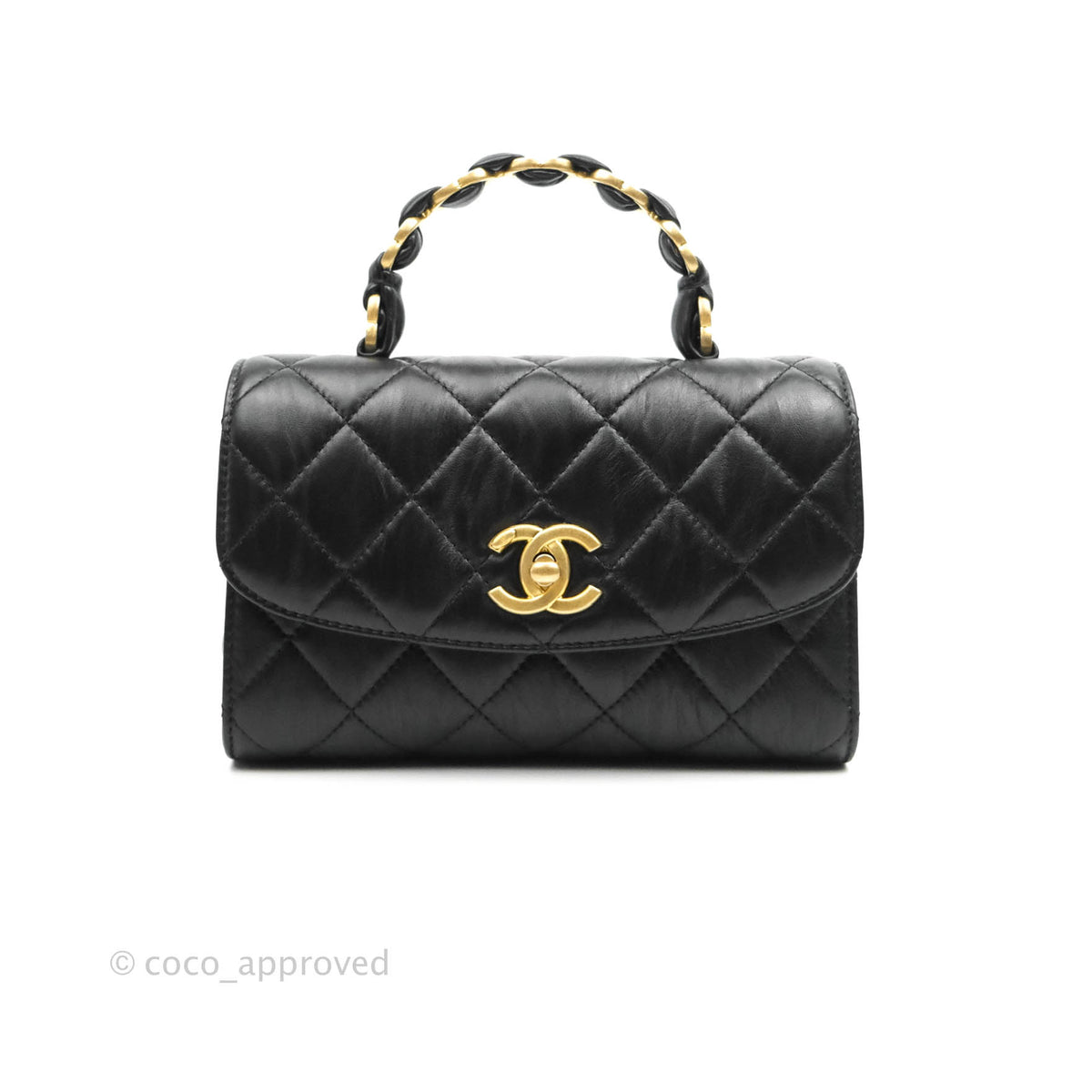 Chanel Mini Flap Bag with Top Handle Black Crumpled Lambskin Aged Gold –  Coco Approved Studio