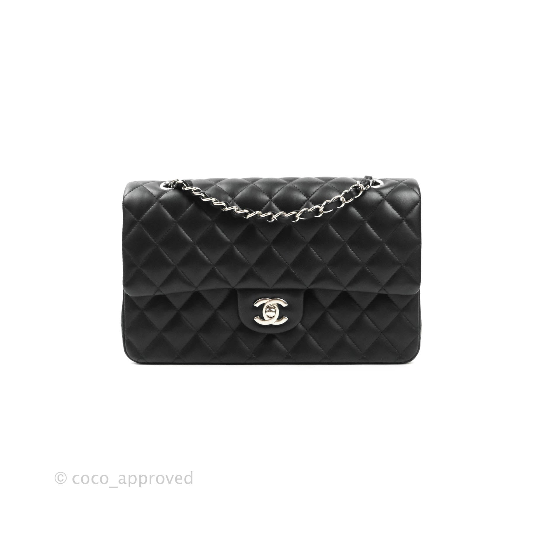Chanel Classic M/L Medium Double Flap Black Lambskin Silver