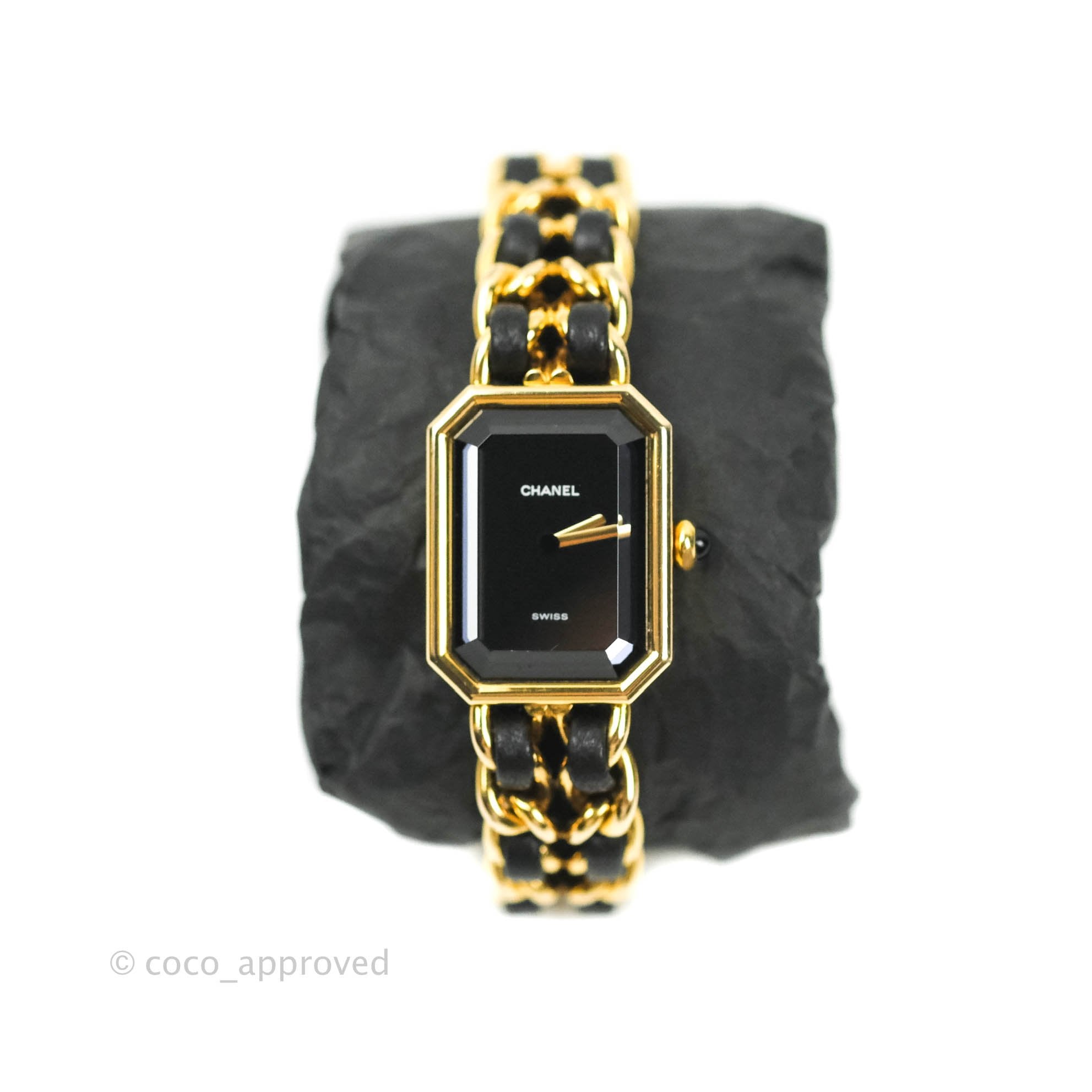 Chanel Vintage Première Watch Black Leather Gold Plated M Size