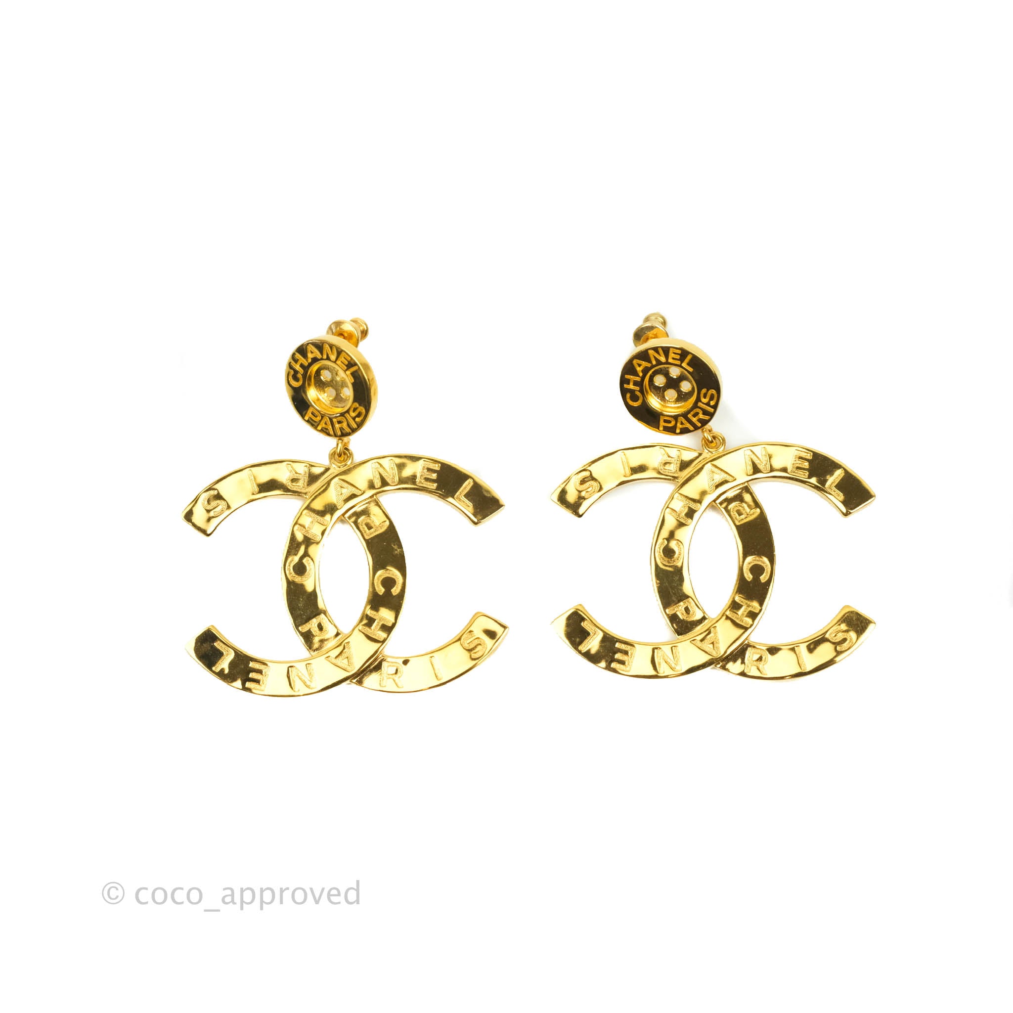 Chanel Large CC Button Drop Earrings Gold Tone 20A Coco Approved Studio
